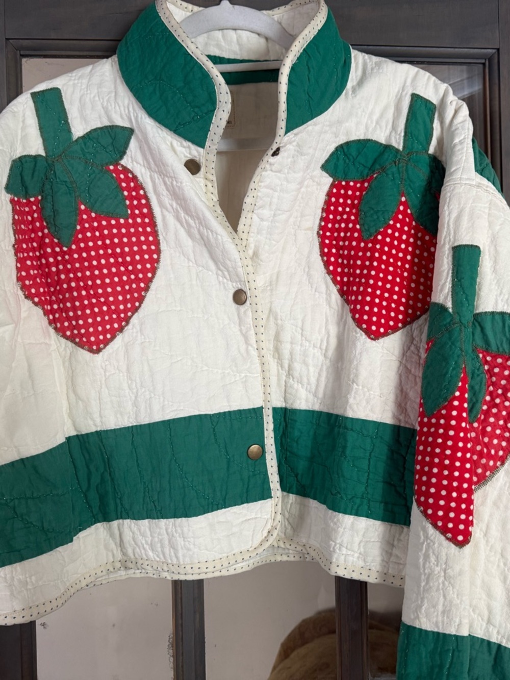 The Quirky Snail Strawberry Quilt Jacket in White, Red & Green